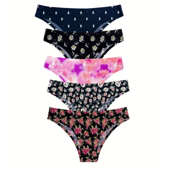 FLORAL PRINT PANTIES, COMFY SEAMLESS MID-RISE 5pcs - Picture 1 of 6